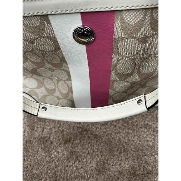 Coach Chelsea Leather Signature Heritage Logo Stripe Pink Beige Tote Bag - Picture 14 of 16